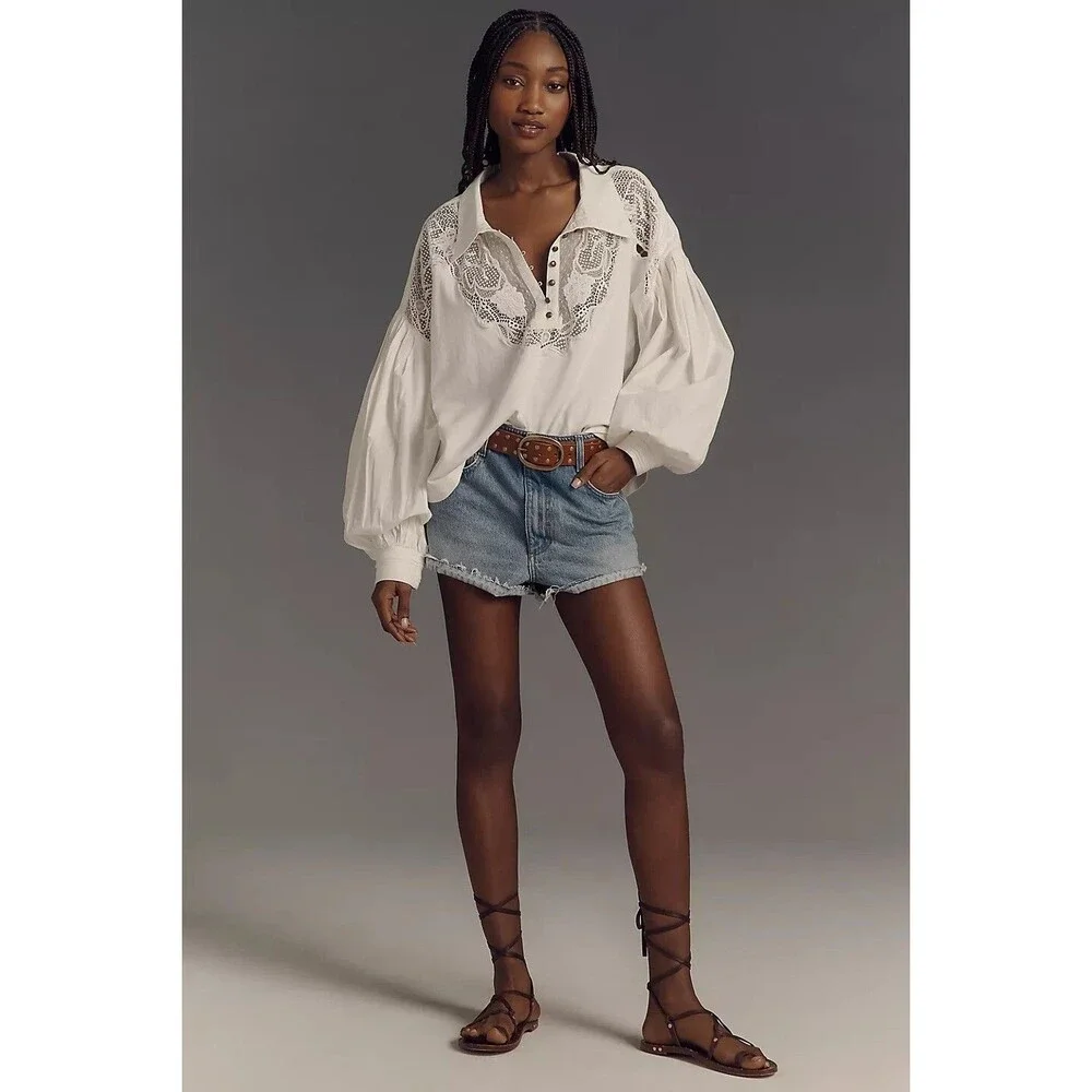 Maeve Anthropologie Puff-Sleeve Collared Yoke Blouse Top Embroidered S 280241